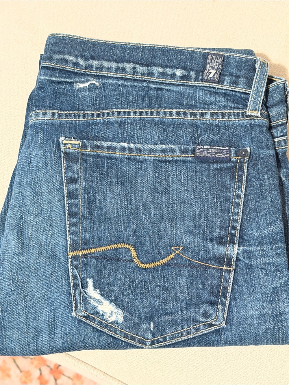 7 For All Mankind Medium Blue Straight Leg Jeans with Signature Back Stitch